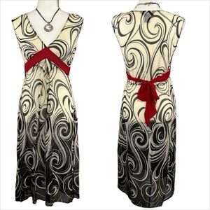 Elegant Swirl Pattern Midi Dress with Red Accent